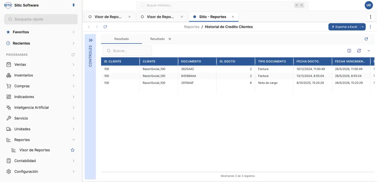 Pantalla de SITIC Software mostrando reporte de historial de crédito a cliente de equipo pesado