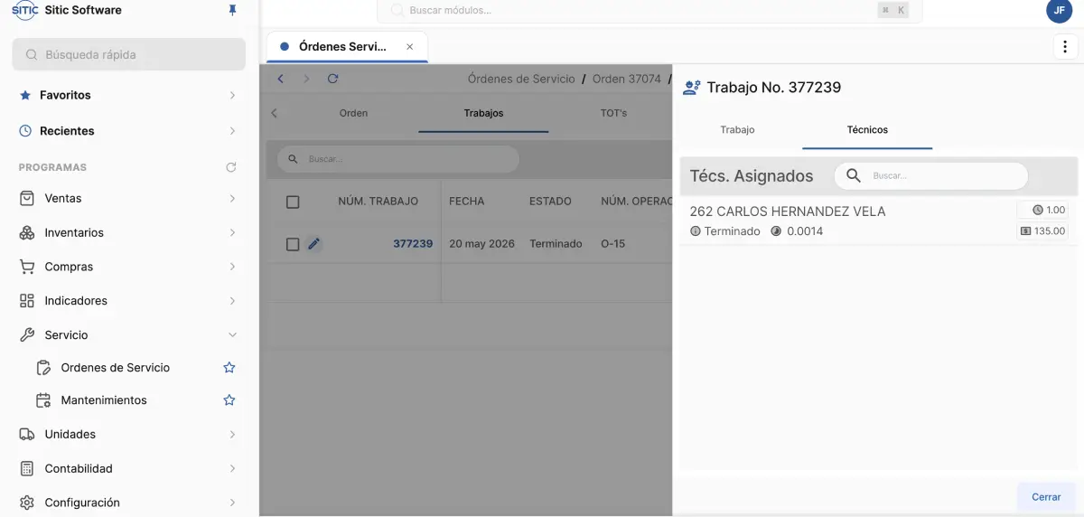 Pantalla de SITIC mostrando el registro de trabajos y horas por técnico
